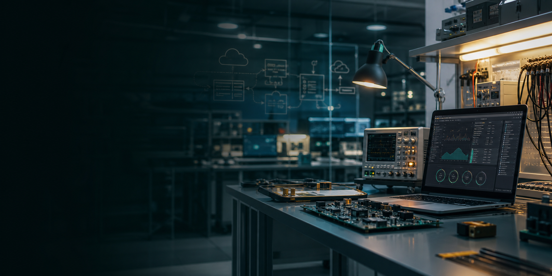 Engineering lab with embedded hardware, diagnostic equipment, and software dashboards